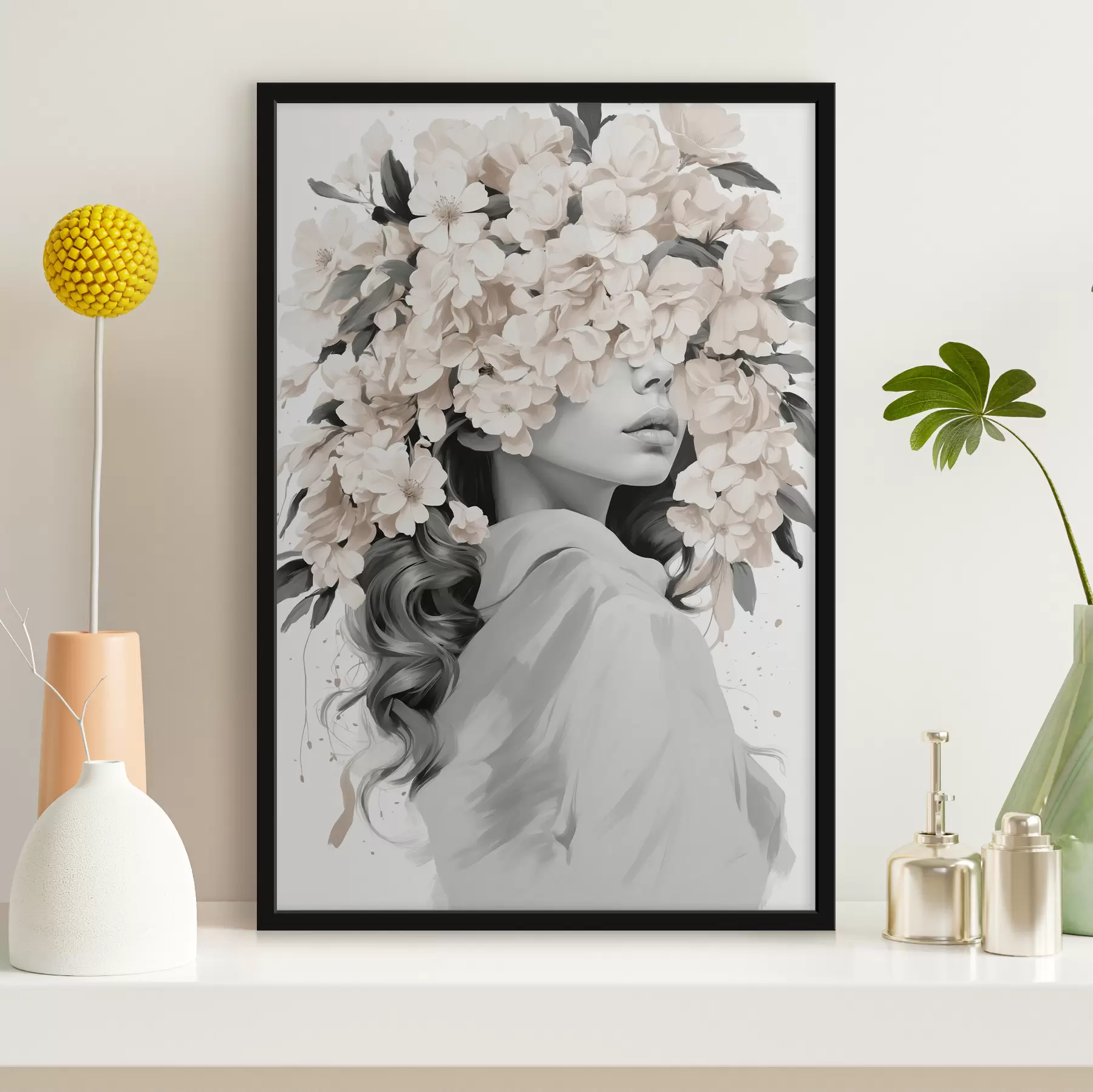 Fototapetes Meitene ar ziediem uz sejas melnā un baltā krāsā f40849