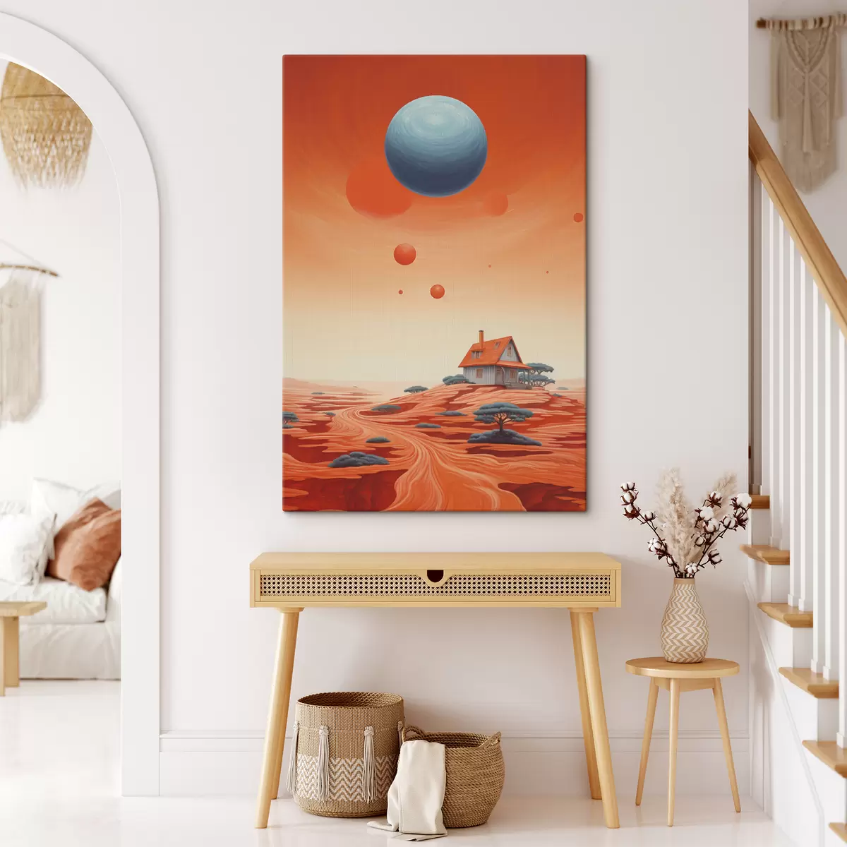 Glezna Tuksnesis ar māju, futūristiskā māksla, kosmiskā, planēta s40944