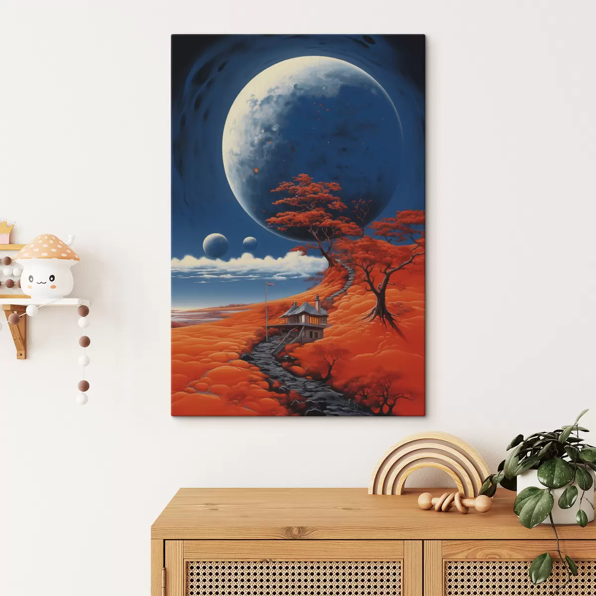 Glezna Kosmiskā ilustrācija, planētas, zilas debesis, māja uz kalna, koki s40946