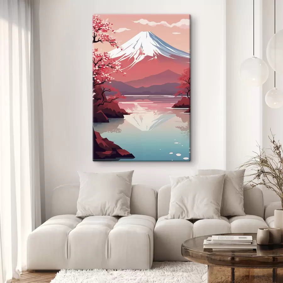 Glezna Fudzi kalns, ezers, ķiršu koki, Japāna s40955