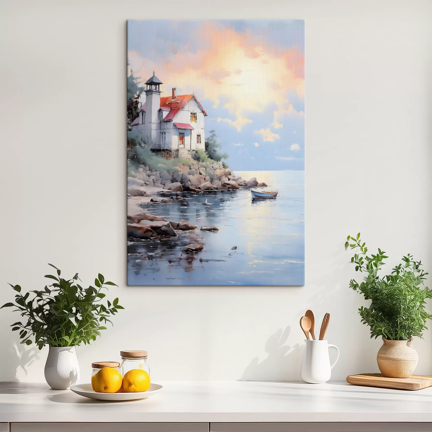 Fototapetes Māja pludmalē pie jūras saulrieta laikā s41010