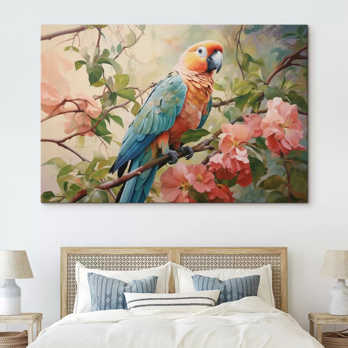 Glezna Papagailis makao sēž uz zara ar rozā ziediem s41018