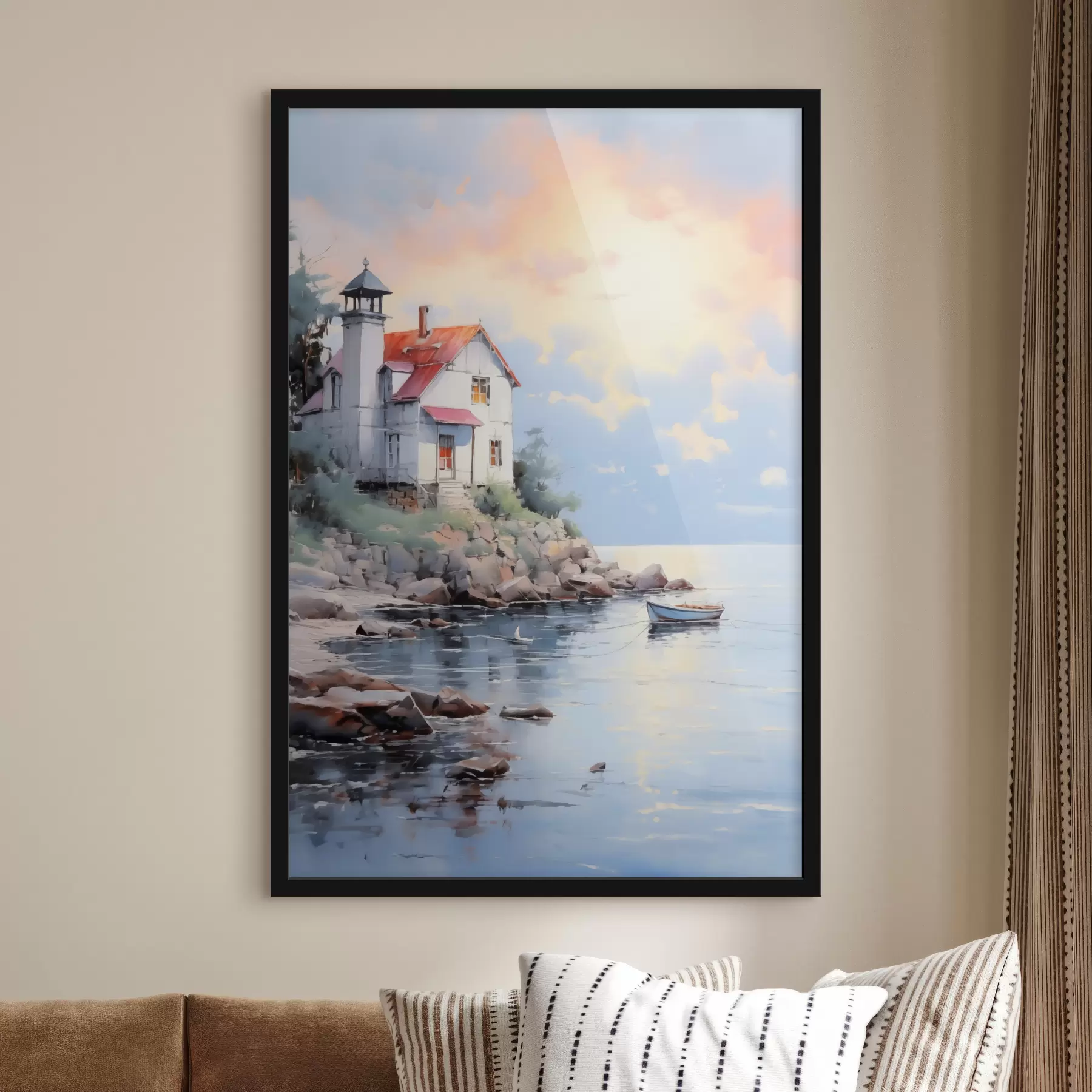 Glezna Māja pludmalē pie jūras saulrieta laikā f41010