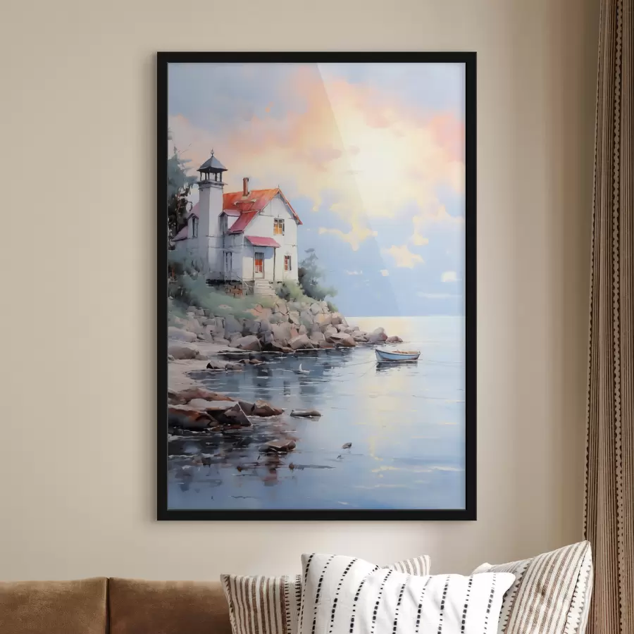 Fototapetes Māja pludmalē pie jūras saulrieta laikā f41010