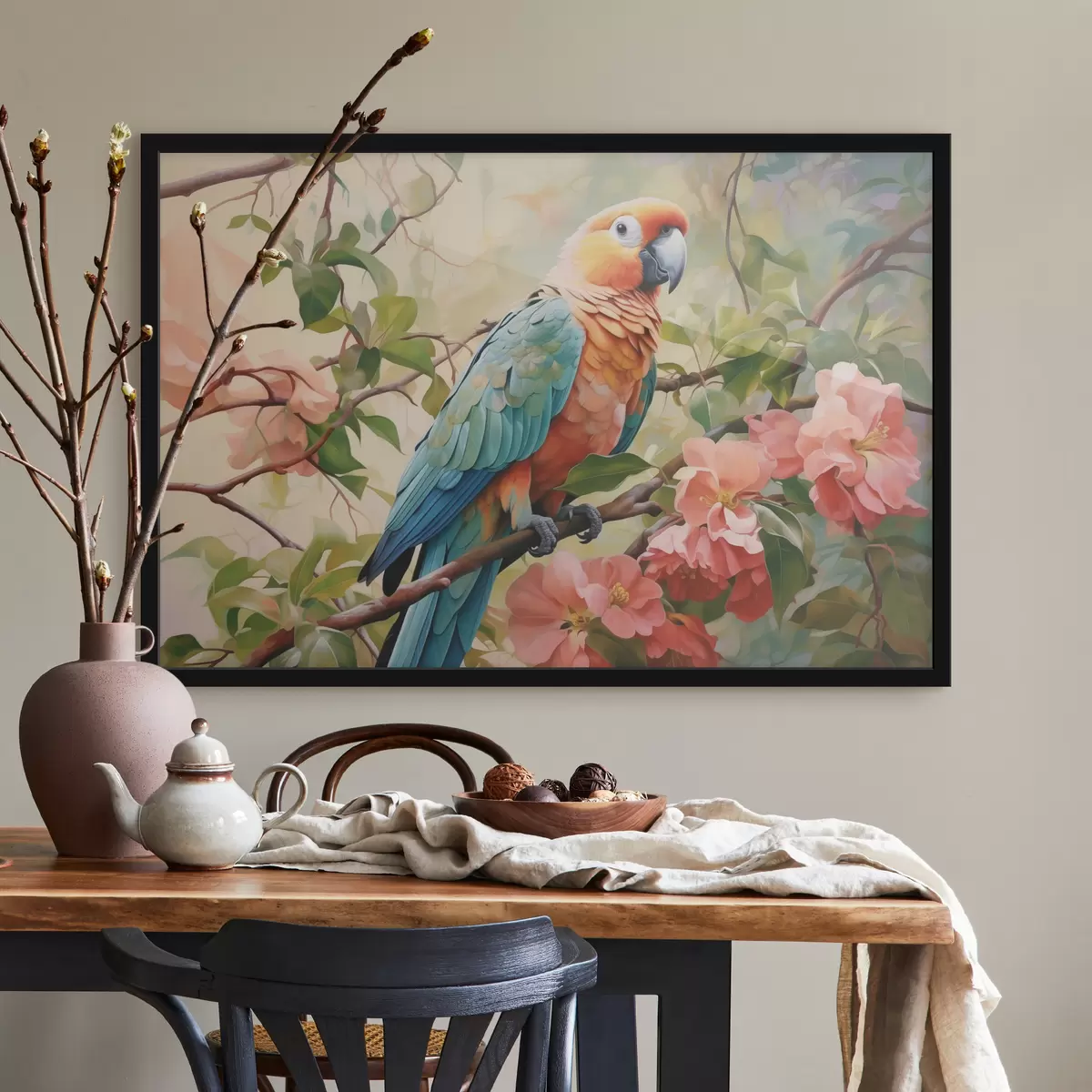Plakāts Papagailis makao sēž uz zara ar rozā ziediem f41018