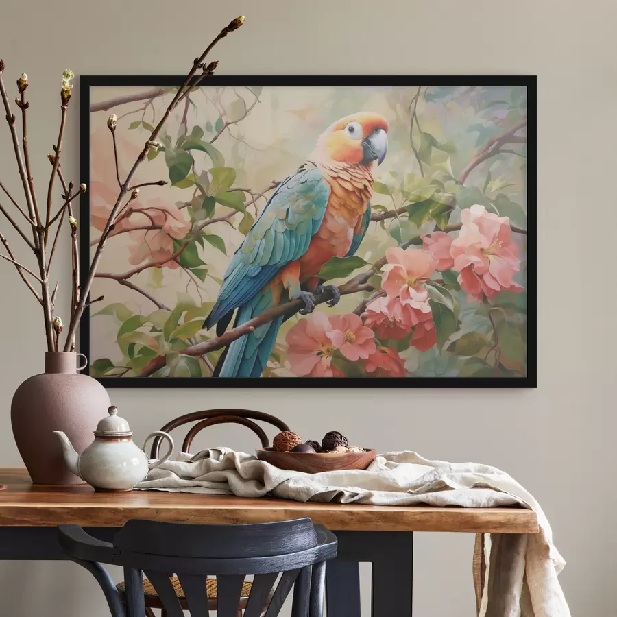 Fototapetes Papagailis makao sēž uz zara ar rozā ziediem f41018