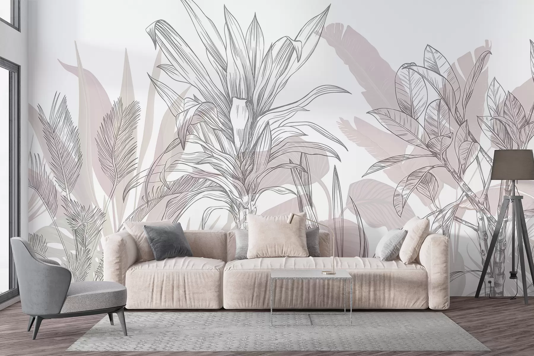 Fototapetes Tropu grafiskie augi ar lielām, sulīgām lapām un ziediem pelēkos un baltos toņos ar ziedu rozā siluetiem  w08327v1