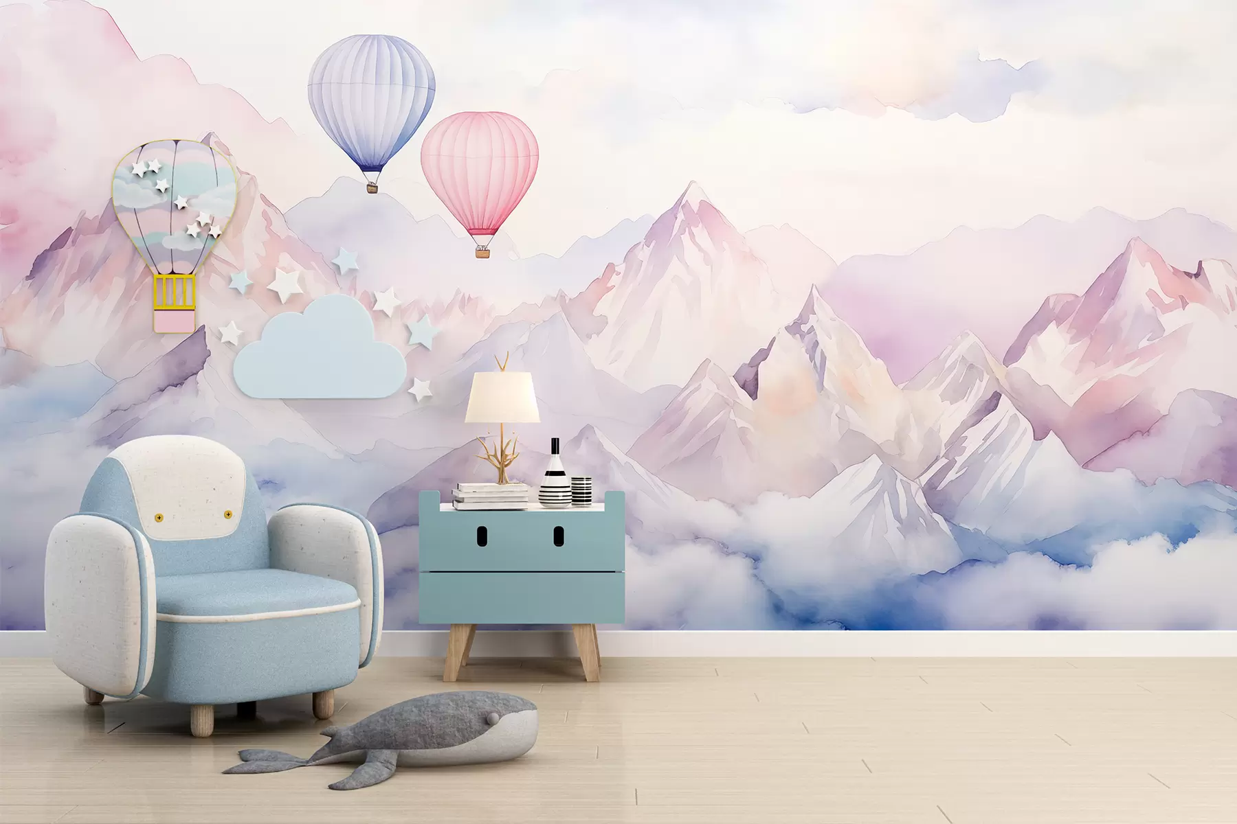 Fototapetes Akvareļu kalni ar gaisa baloniem, ēteriski  w01786
