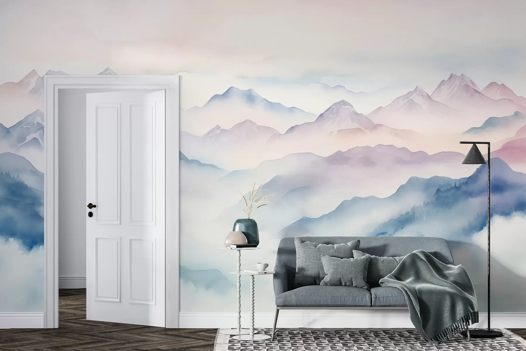 Fototapetes Ēteriska kalnu ainava, mākoņi, akvarelis w01791