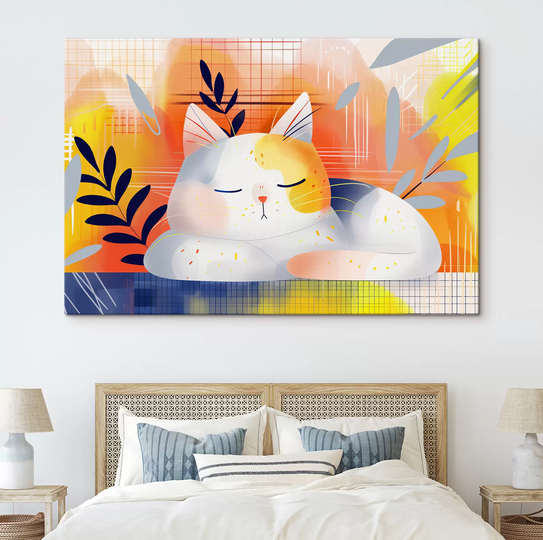 Glezna Gudrs kaķis, kas guļ starp augiem grafiskā stilā s40956