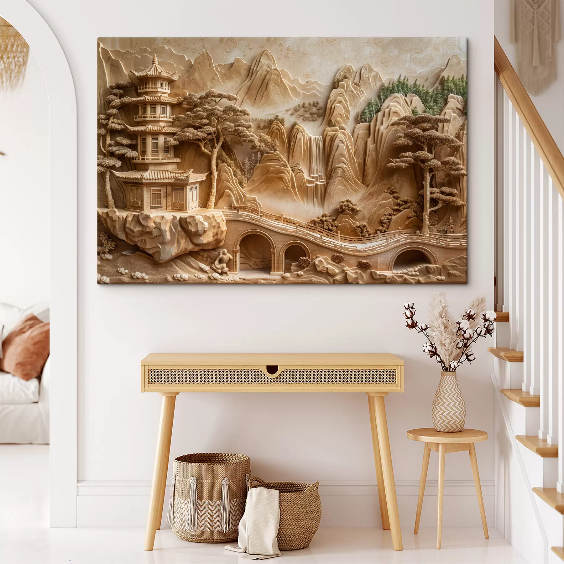 Fototapetes Basreljefa imitācija: kalni ar kokiem, tilts un templis, daudzslāņains s40989