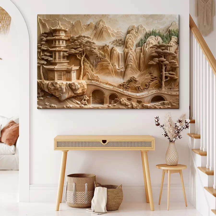 Glezna Basreljefa imitācija: kalni ar kokiem, tilts un templis, daudzslāņains s40989