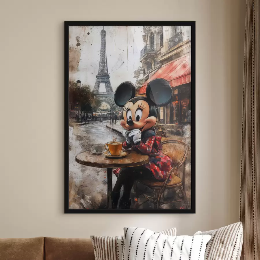 Fototapetes Mickey Mouse meitene dzer kafiju pret Eifeļa torni Parīzē f40972