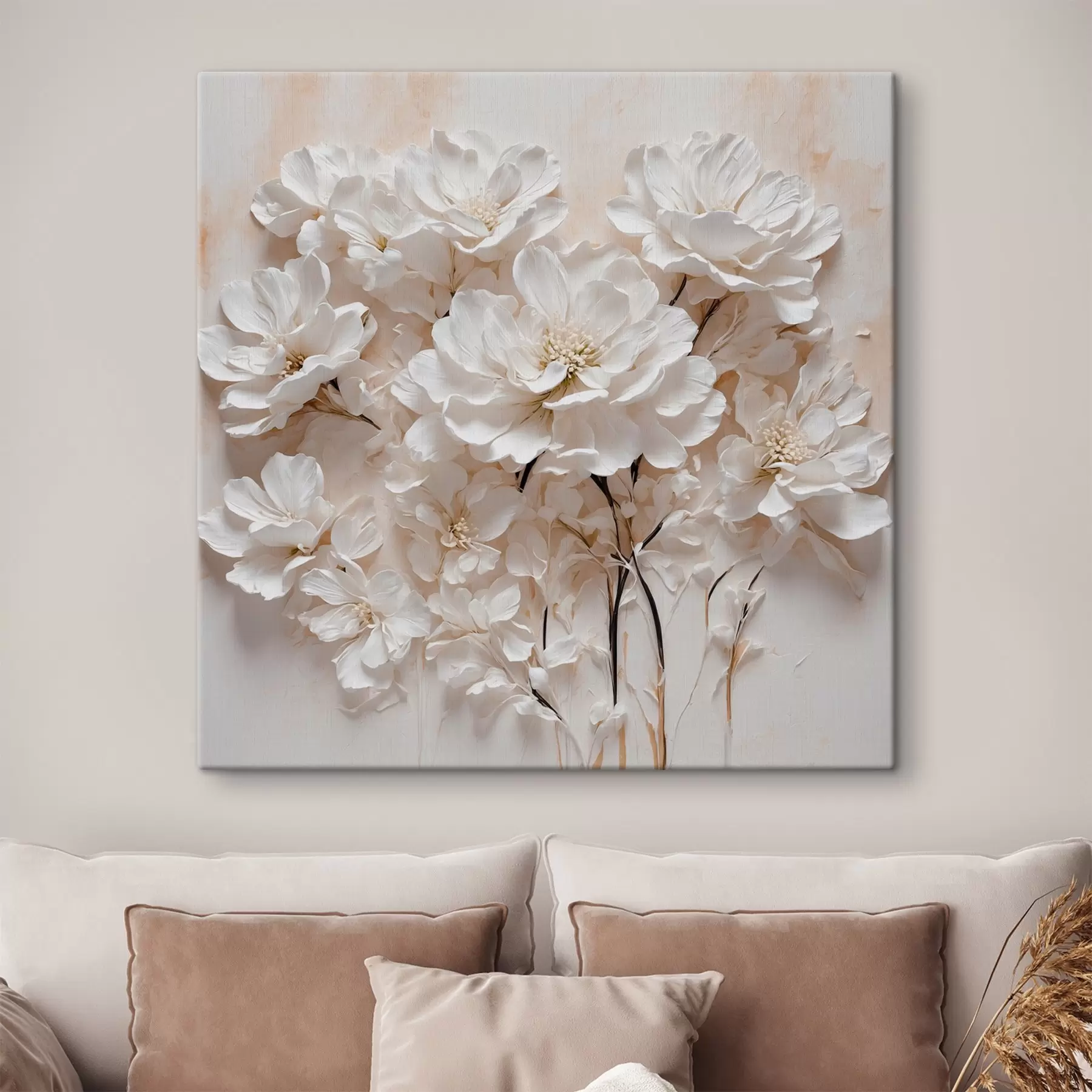 Fototapetes Balti ziedi uz balta-oranža fona s41042