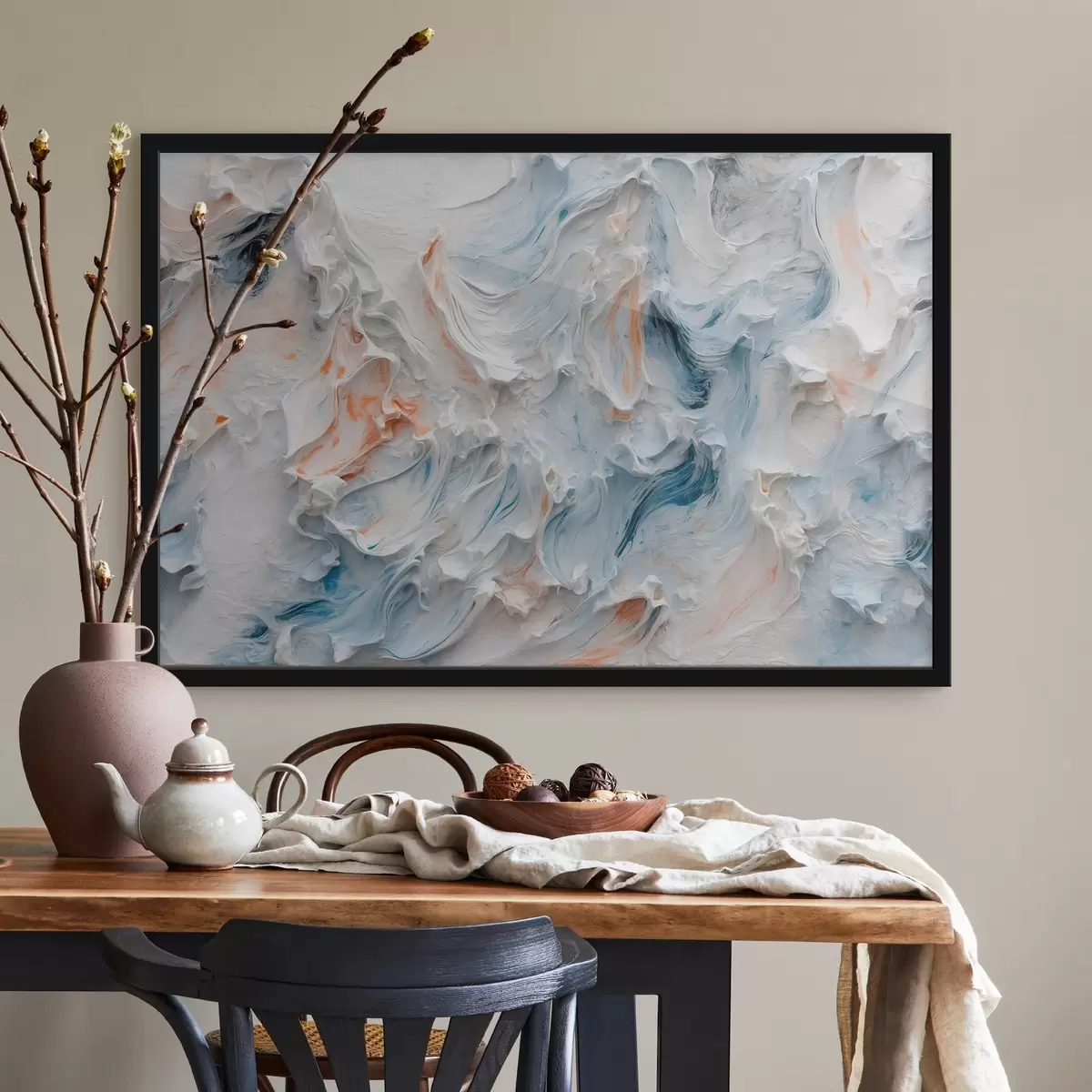 Plakāts Abstrakcija ar baltu, oranžu un zilu krāsu f41026