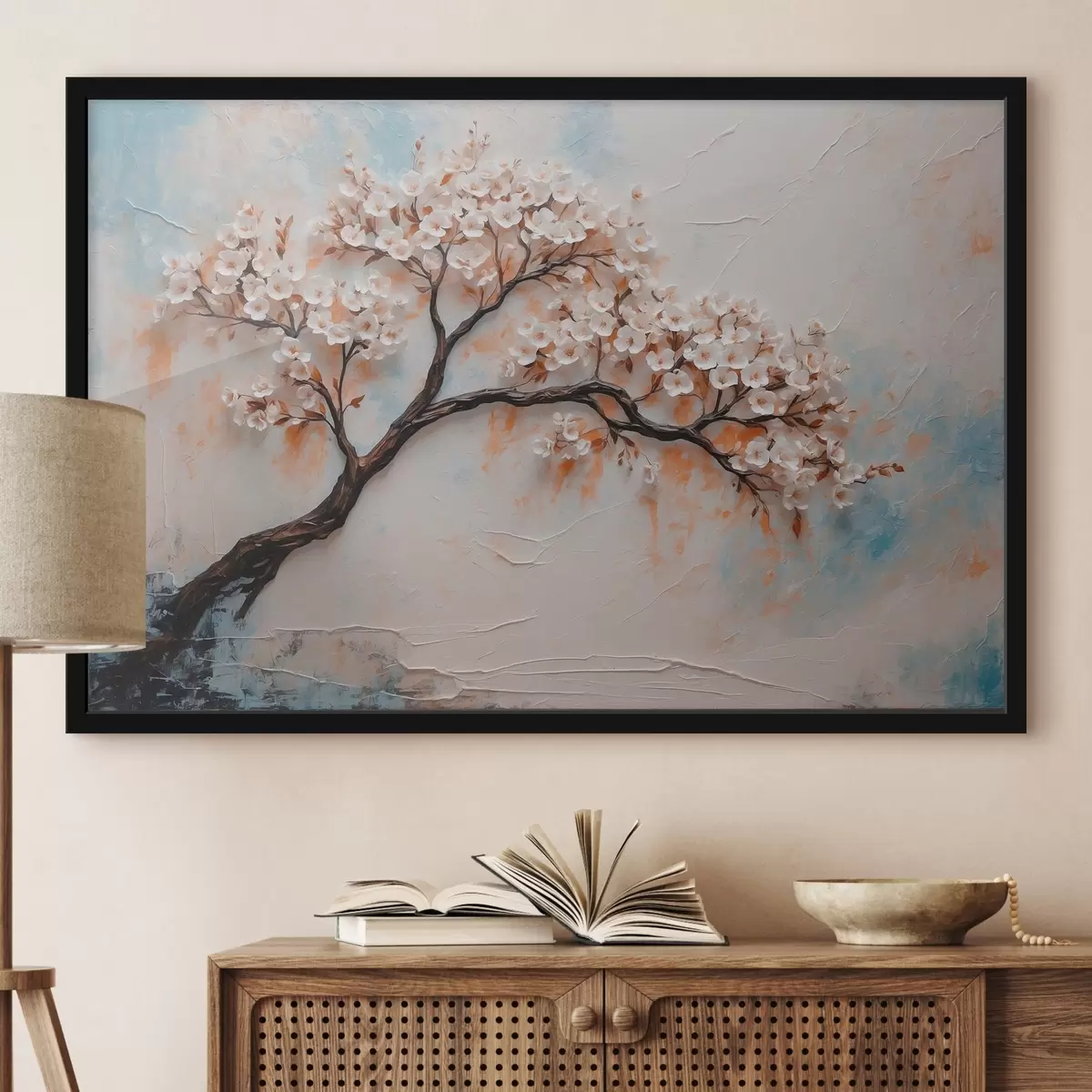 Plakāts Ziedošs koks uz abstrakta eļļas fona f41032