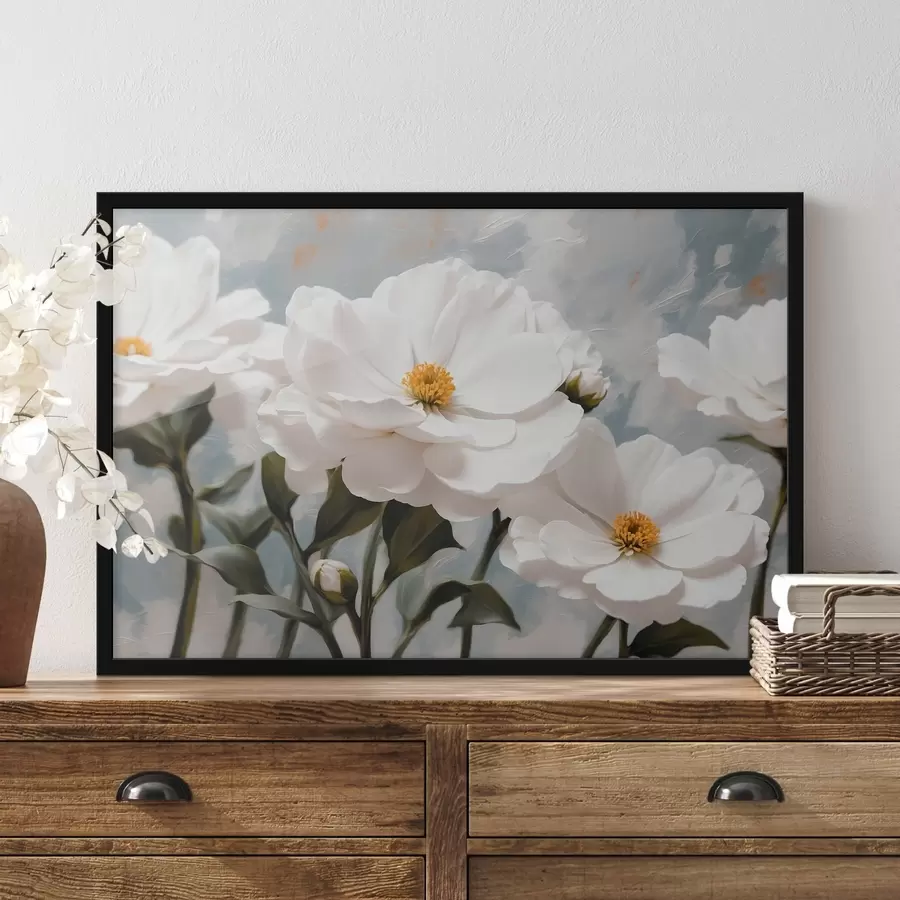 Fototapetes Balti ziedi uz zila akrila fona f41040