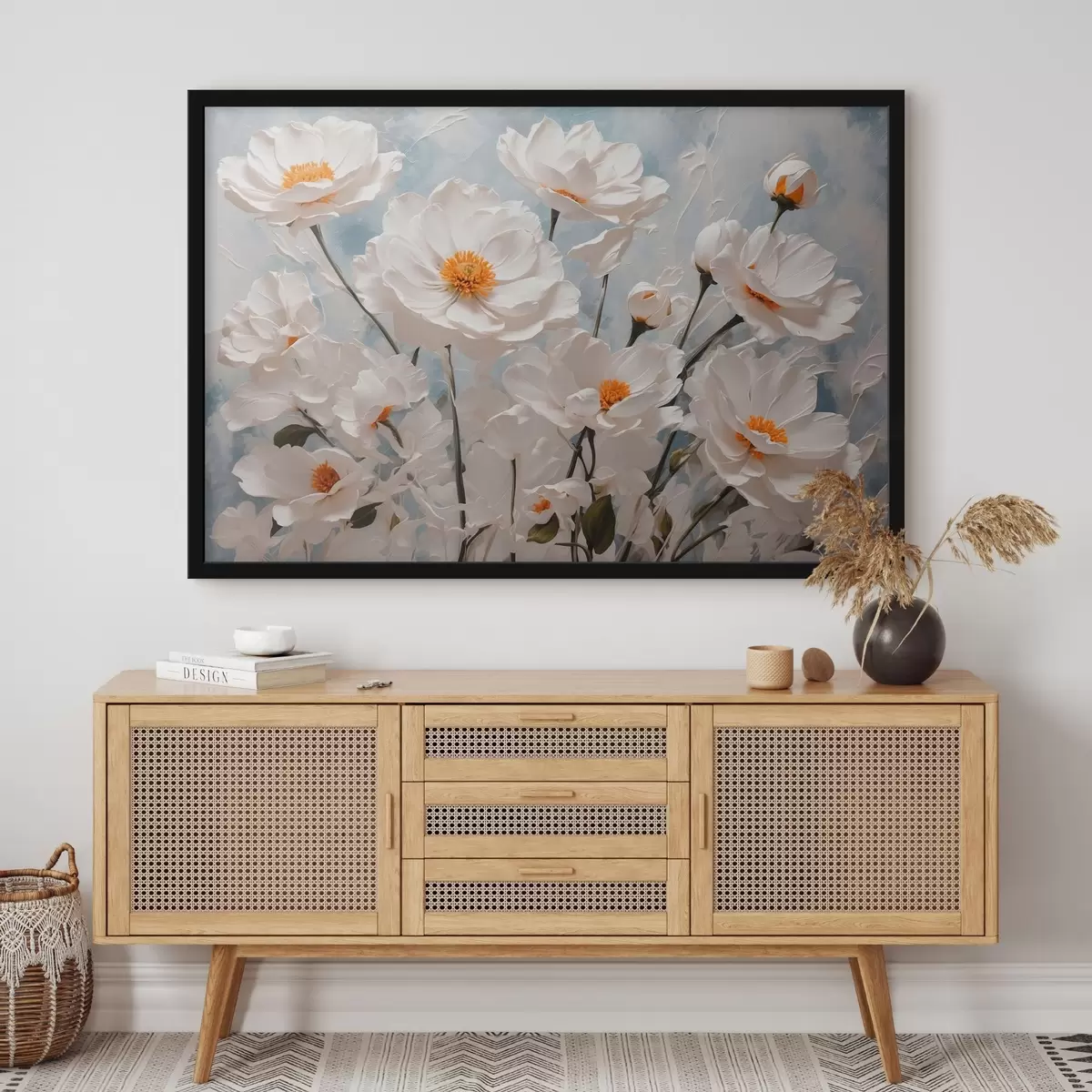 Plakāts Balti ziedi uz zili balta eļļas fona f41041