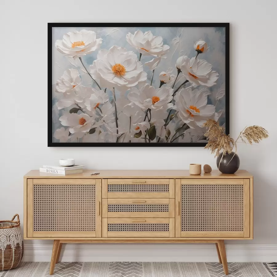 Fototapetes Balti ziedi uz zili balta eļļas fona f41041