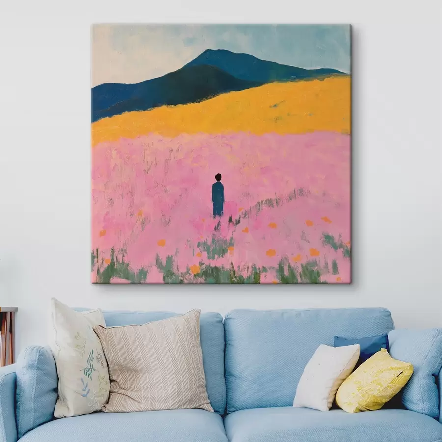 Glezna Vīrietis laukā ar rozā ziediem s41164