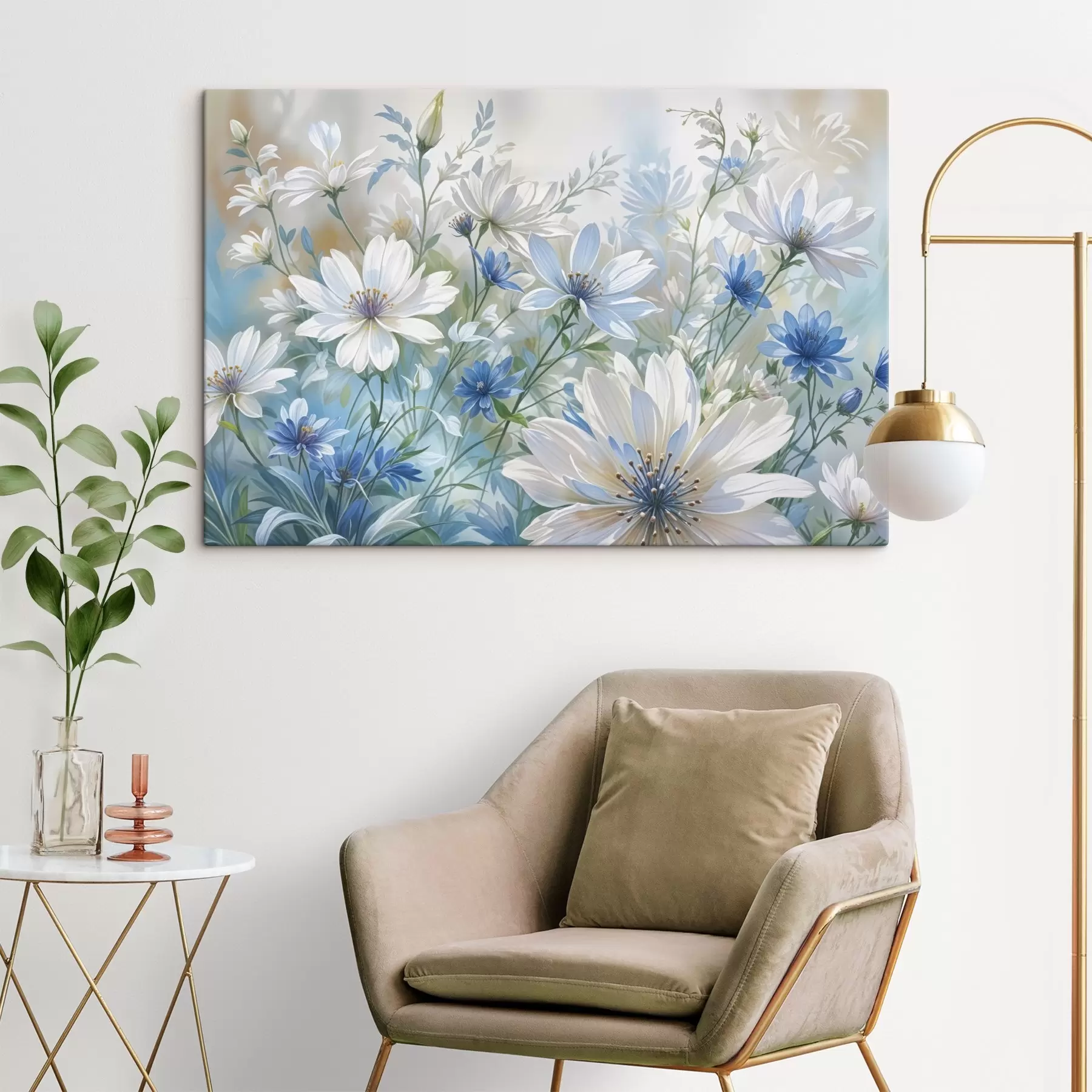 Fototapetes Baltu un zilu margrietiņām līdzīgu ziedu lauks ar zaļām lapām un stublājiem uz maiga, izplūduša fona s41086