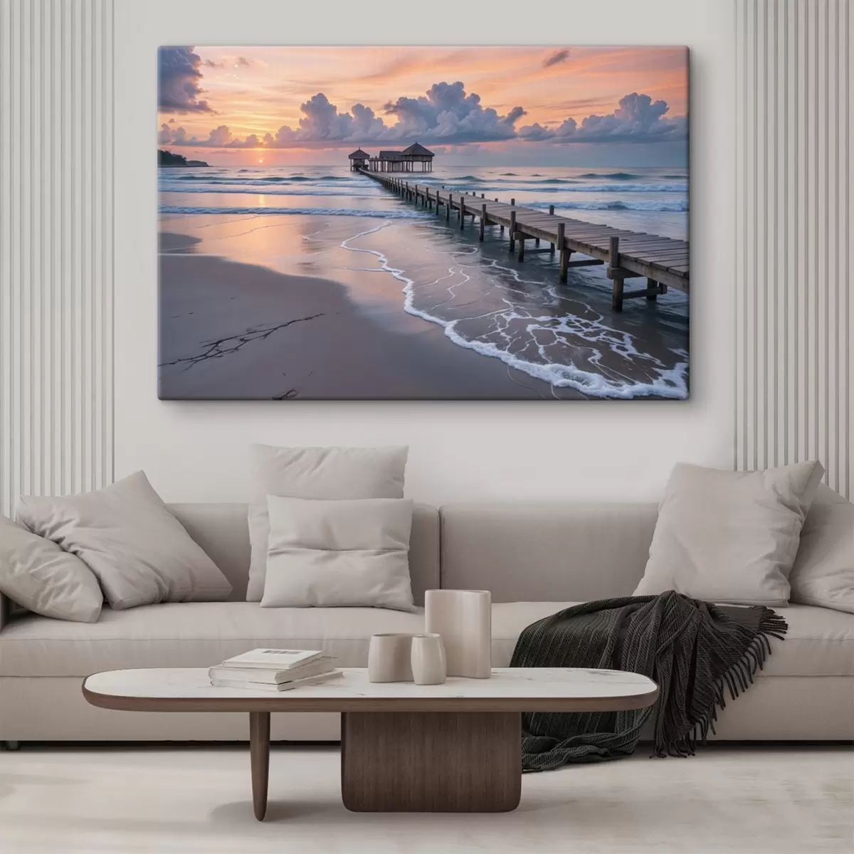 Glezna Koka mols, kas saulrieta saulrietā iestiepjas mierīgā okeānā ar krāsainiem mākoņiem  s41091