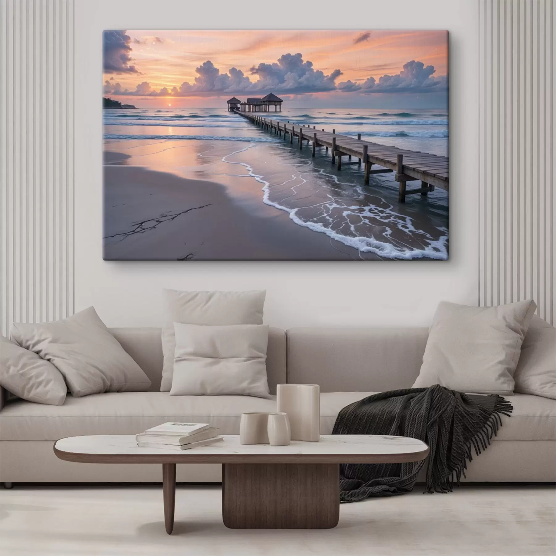 Fototapetes Koka mols, kas saulrieta saulrietā iestiepjas mierīgā okeānā ar krāsainiem mākoņiem  s41091