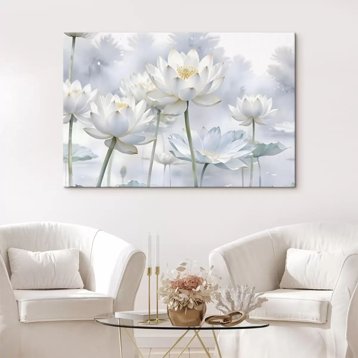 Glezna Balti pasteļkrāsaini lotosa ziedi miglainā abstraktā akvareļkrāsotā fonā s41100