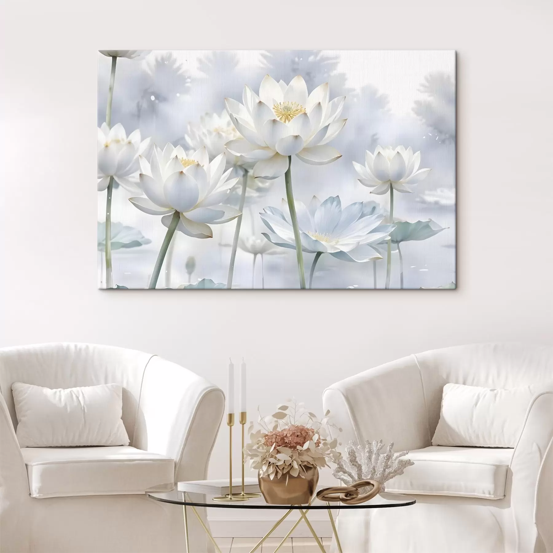 Fototapetes Balti pasteļkrāsaini lotosa ziedi miglainā abstraktā akvareļkrāsotā fonā s41100