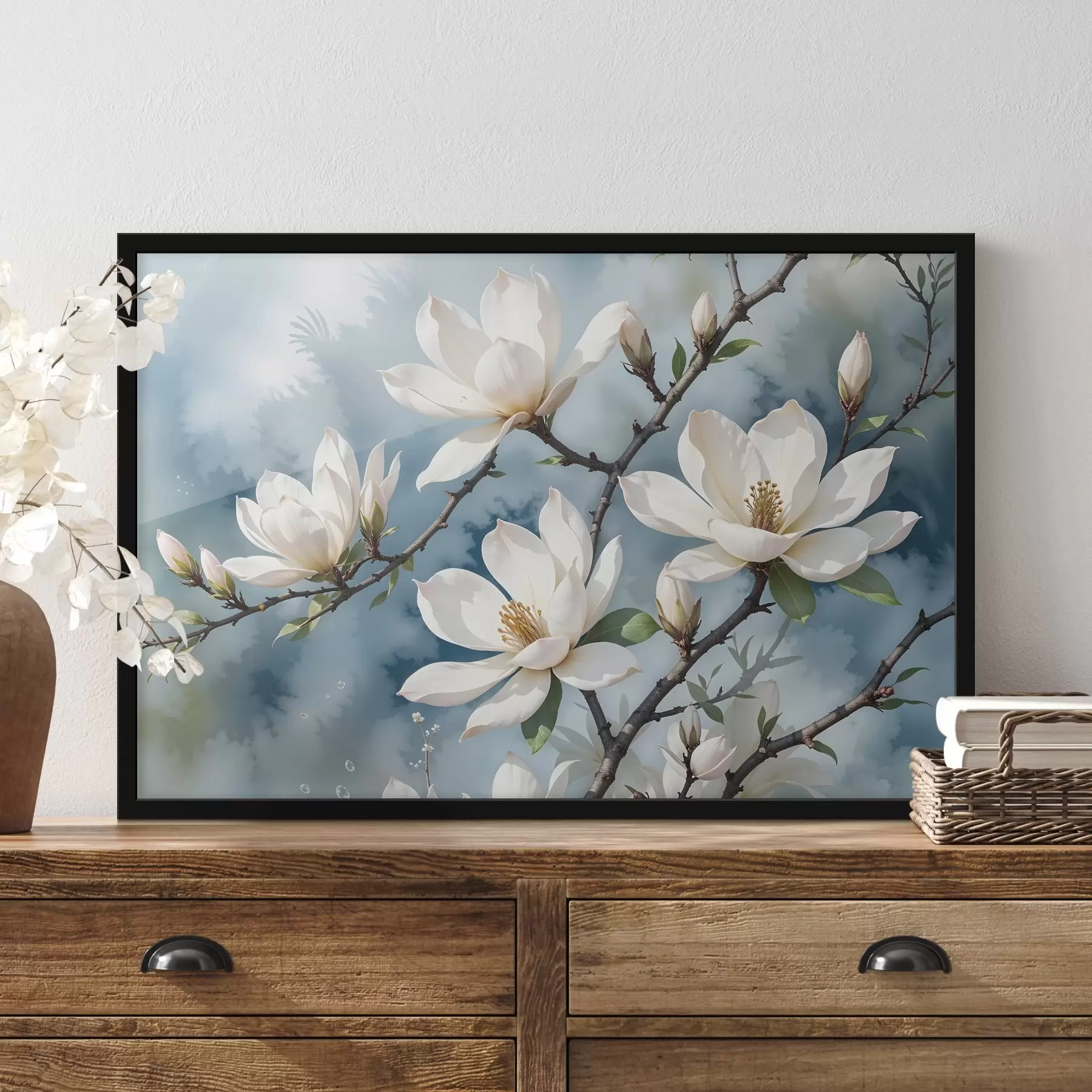 Fototapetes Balti magnolijas ziedi uz koku zariem uz mīksta akvareļkrāsas zila debesu fona f41081