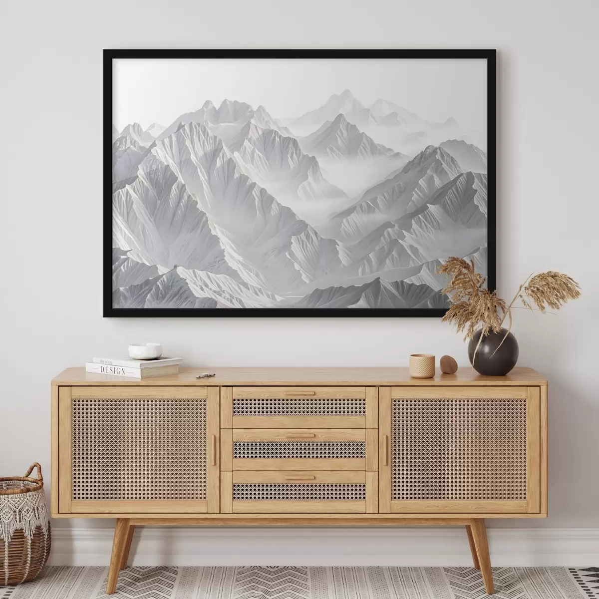 Plakāts Sniegotas minimālistiskas kalnu virsotnes miglainā, miglainā ainavā f41083