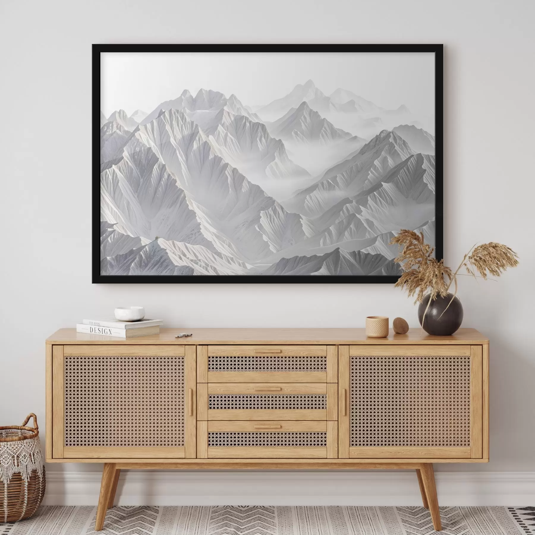 Fototapetes Sniegotas minimālistiskas kalnu virsotnes miglainā, miglainā ainavā f41083