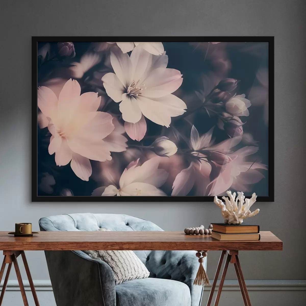 Plakāts Maigas rozā un baltas vintage gaismas ziedi ar neskaidru fonu f41084