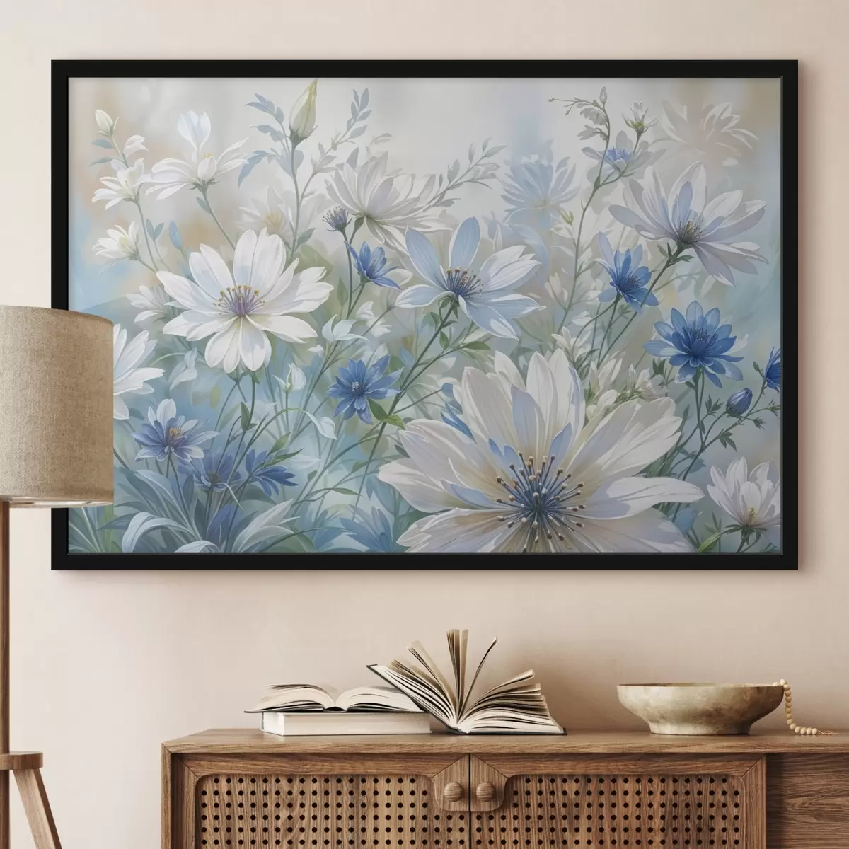 Plakāts Baltu un zilu margrietiņām līdzīgu ziedu lauks ar zaļām lapām un stublājiem uz maiga, izplūduša fona f41086