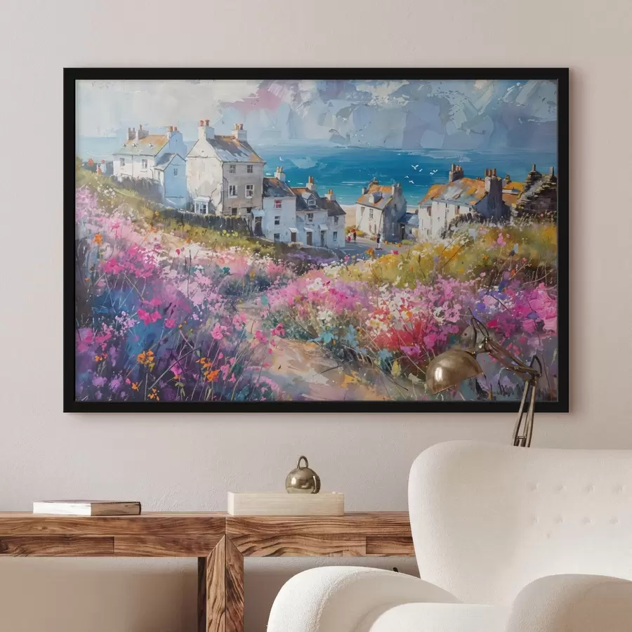 Fototapetes Krāsaina eļļas glezna piekrastes pilsēta ar baltām mājām un košu puķu dārzu priekšplānā f41090