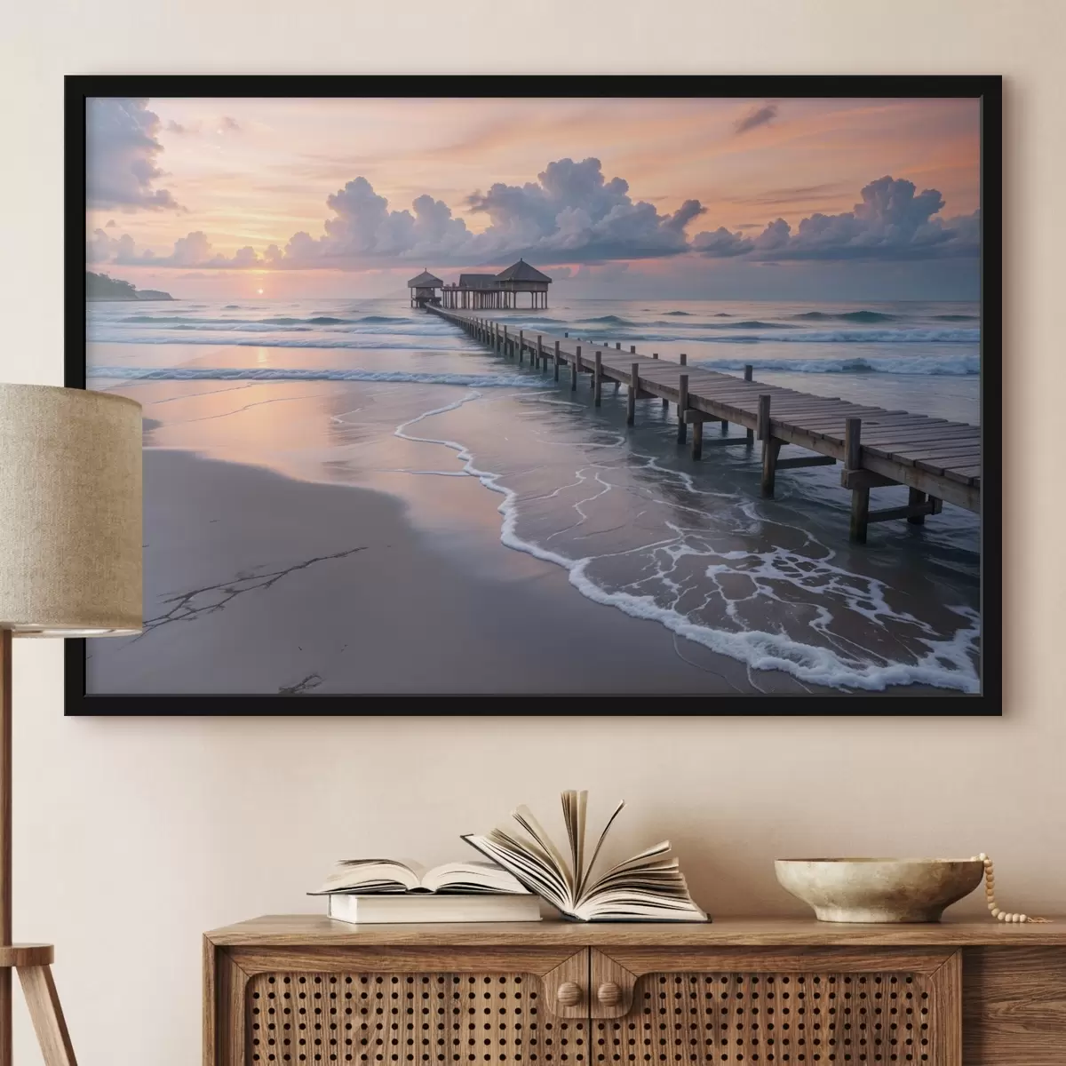 Plakāts Koka mols, kas saulrieta saulrietā iestiepjas mierīgā okeānā ar krāsainiem mākoņiem f41091