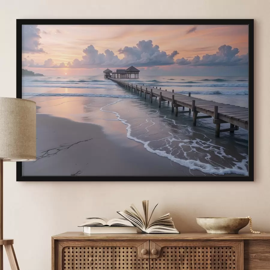 Fototapetes Koka mols, kas saulrieta saulrietā iestiepjas mierīgā okeānā ar krāsainiem mākoņiem f41091