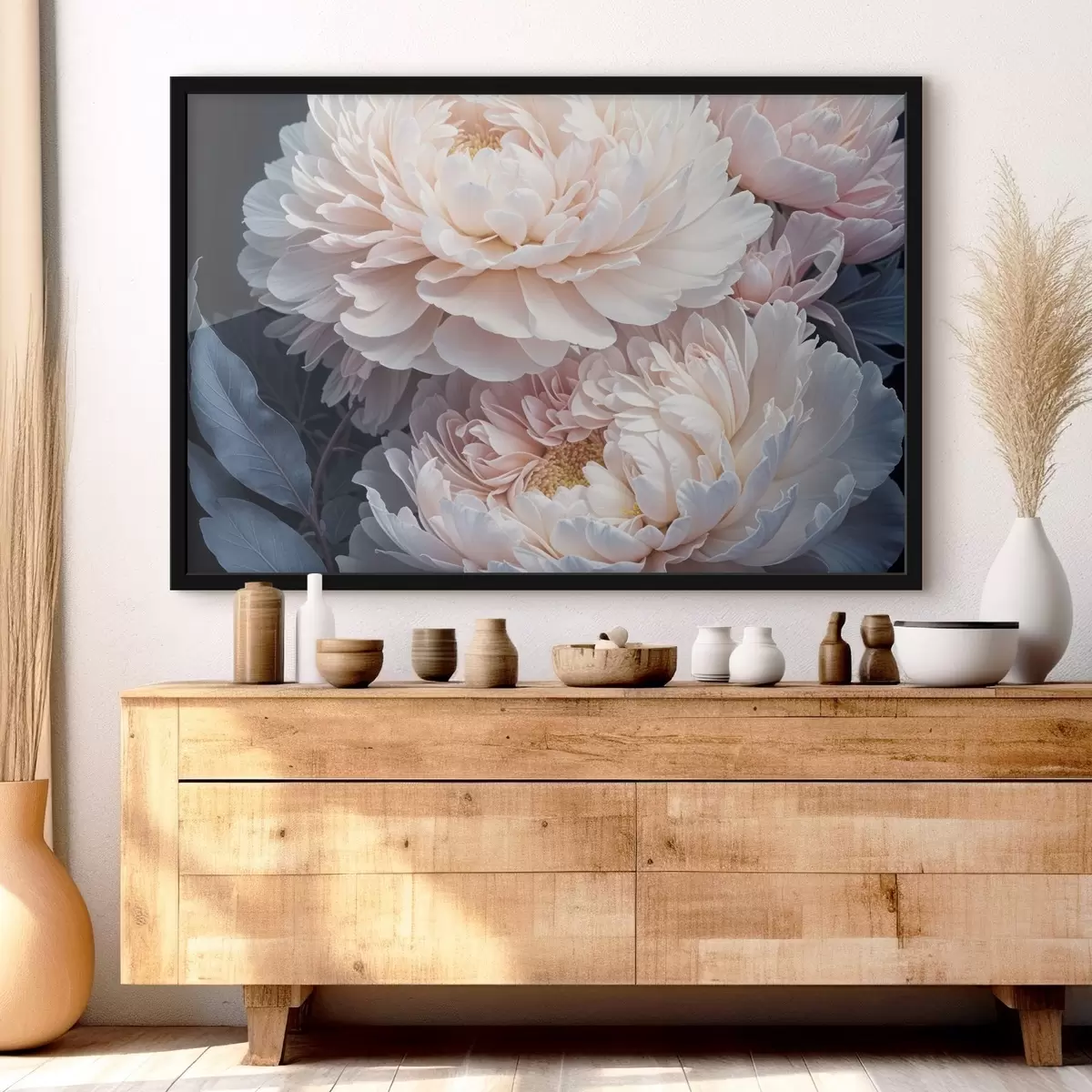 Plakāts Delikātas pasteļrozā peonijas ar mīkstām, pūkainām ziedlapiņām un zilām lapām uz tumša fona f41092