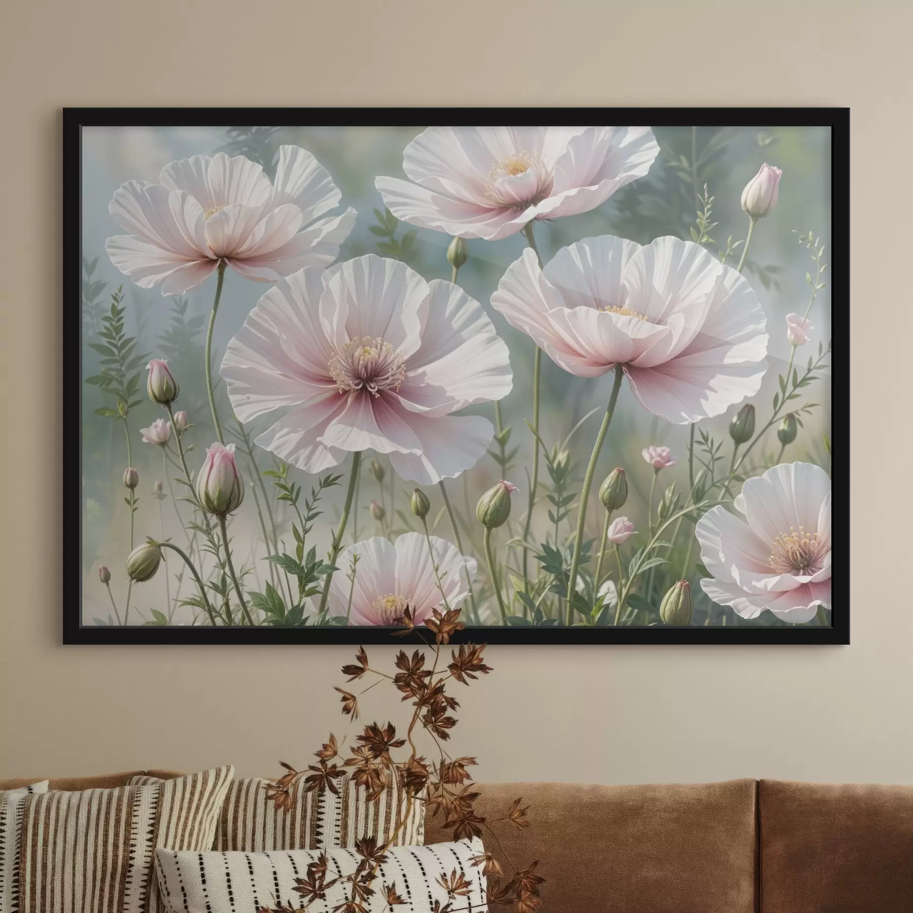 Fototapetes Delikātu, gaiši rozā magoņu ziedu lauks ar maigiem, izplūdušiem ziedlapiņām uz izplūduša zaļa fona f41094