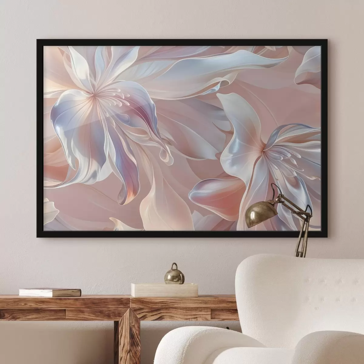Plakāts Smalki, pasteļkrāsas ziedu ziedlapiņas ar plūstošām formām un faktūrām, veidojot abstraktu ziedu kompozīciju f41098