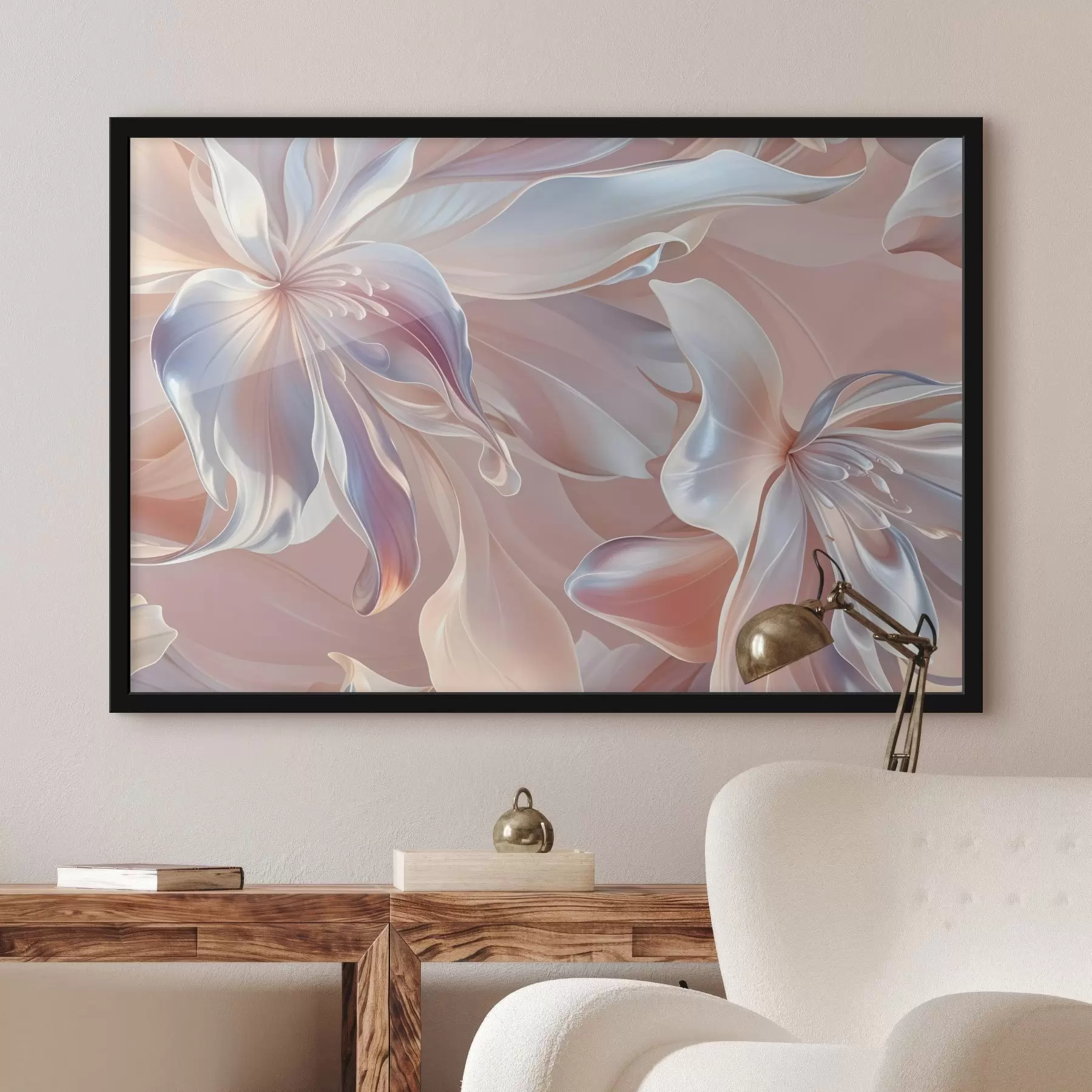 Fototapetes Smalki, pasteļkrāsas ziedu ziedlapiņas ar plūstošām formām un faktūrām, veidojot abstraktu ziedu kompozīciju f41098