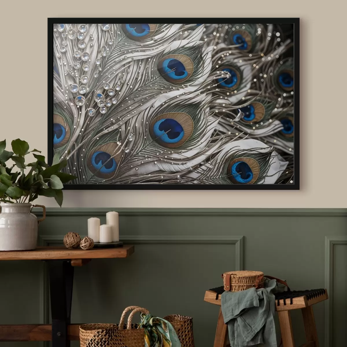 Plakāts Spilgtas pāvu spalvas ar sarežģītiem rakstiem un spilgtiem ziliem rakstiem f41103