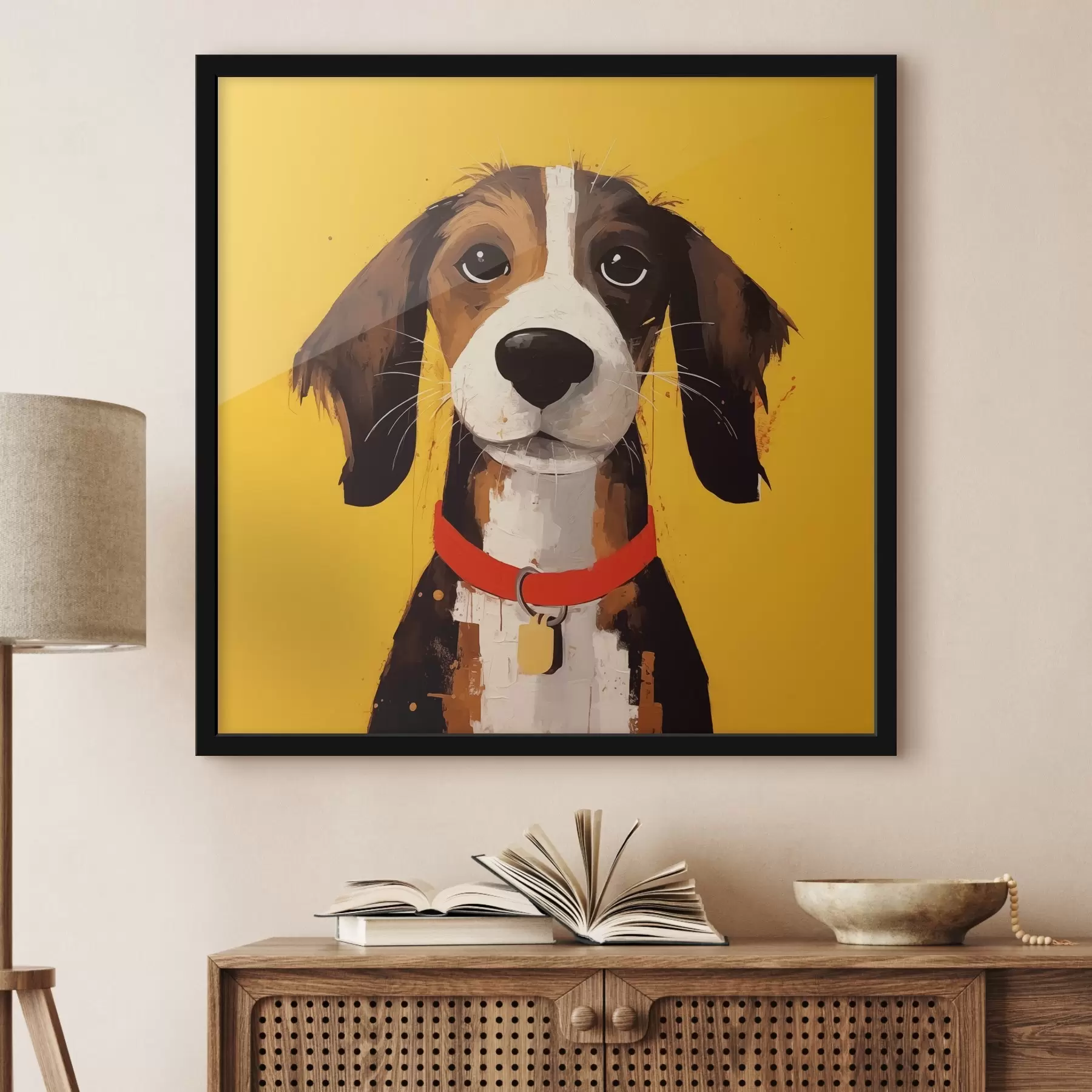Fototapetes Suņa portrets uz dzeltena fona f41232