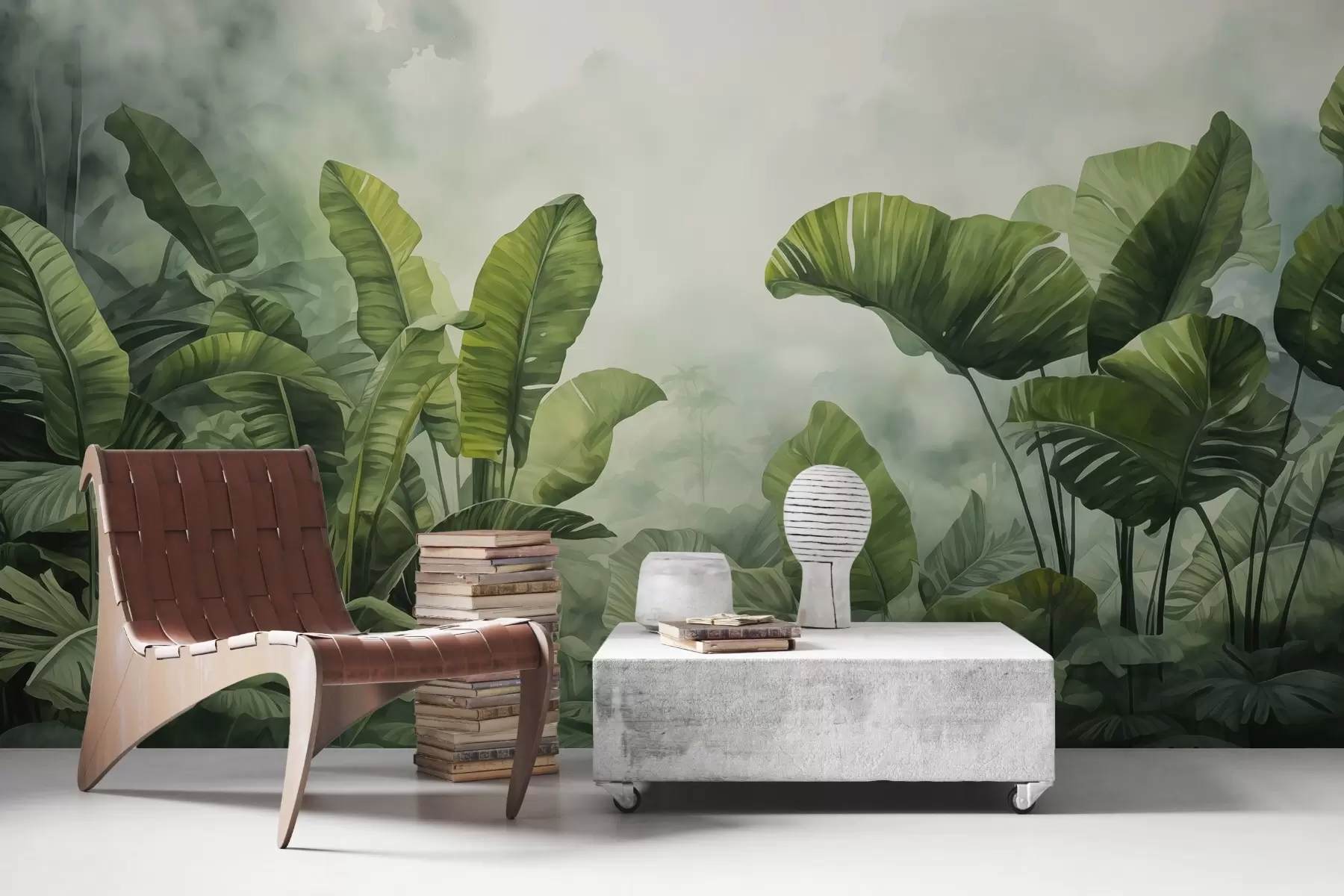 Fototapetes Tropu lapas džungļos uz miglas fona slapjš akvarelis w01868