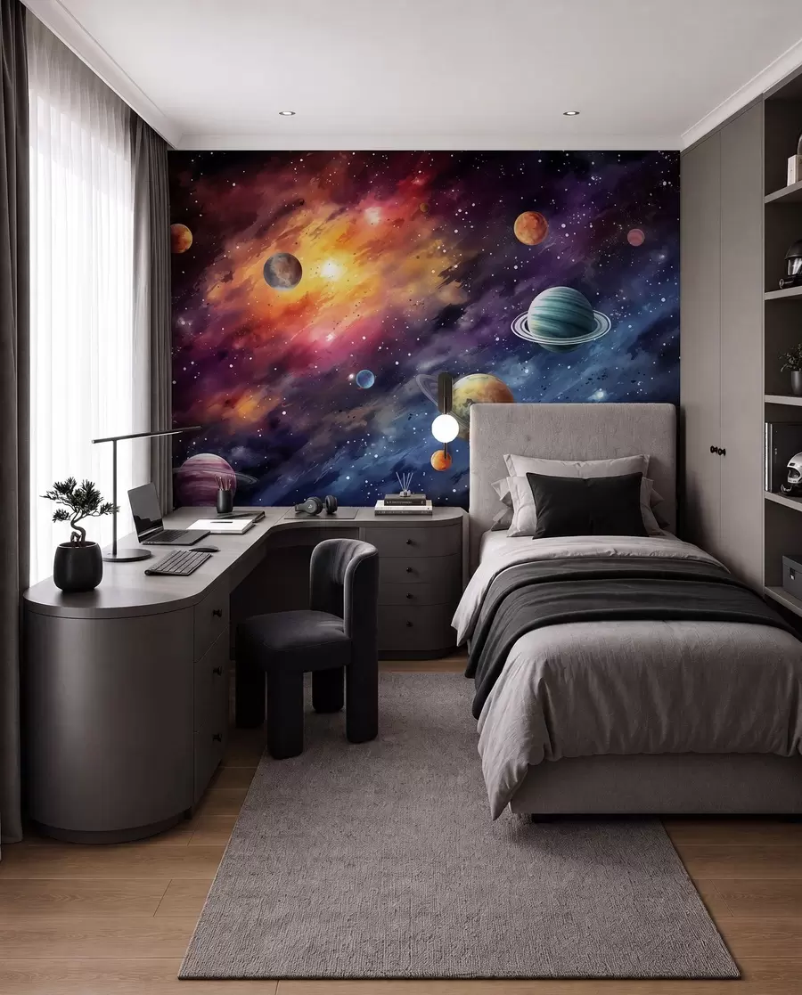 Fototapetes Kosmoss ar planētām un zvaigznēm, akvarelis, kosmiskā pasaule w01798
