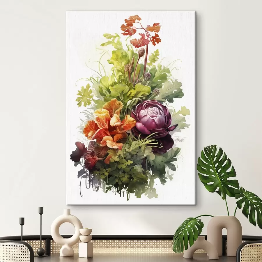 Glezna Dārzeņu raža, akvarelis, zaļumi, ziedi s41173