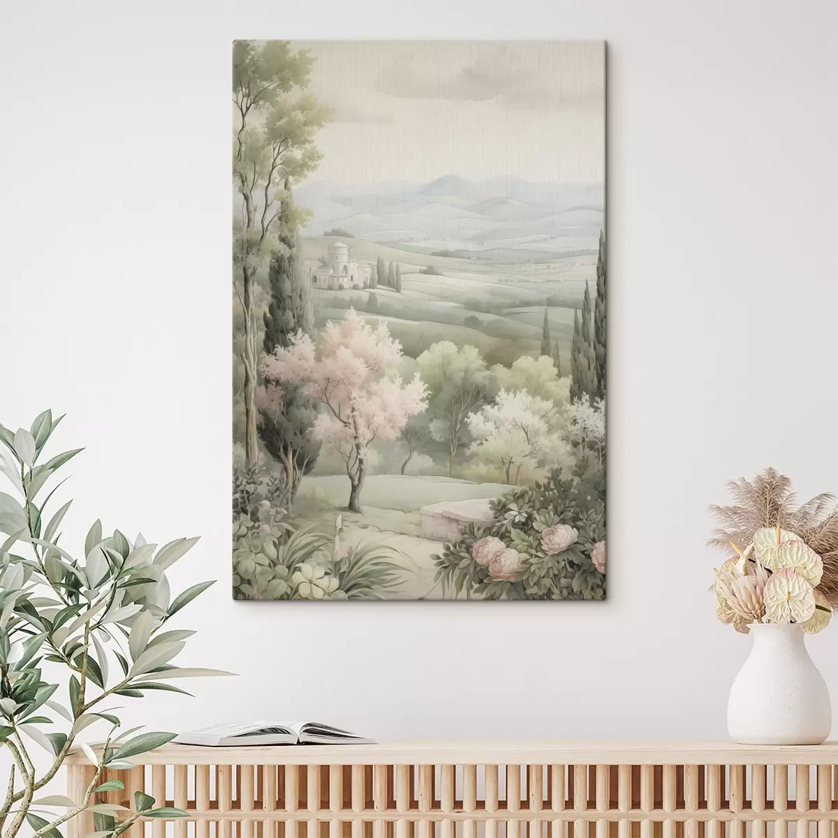 Glezna Akvarelis daba, maigas krāsas, rozes, koki, zaļie pakalni s41223