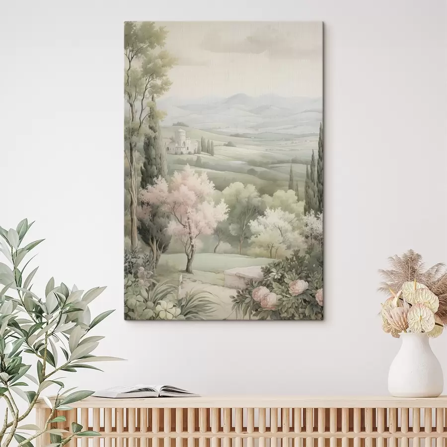 Glezna Akvarelis daba, maigas krāsas, rozes, koki, zaļie pakalni s41223