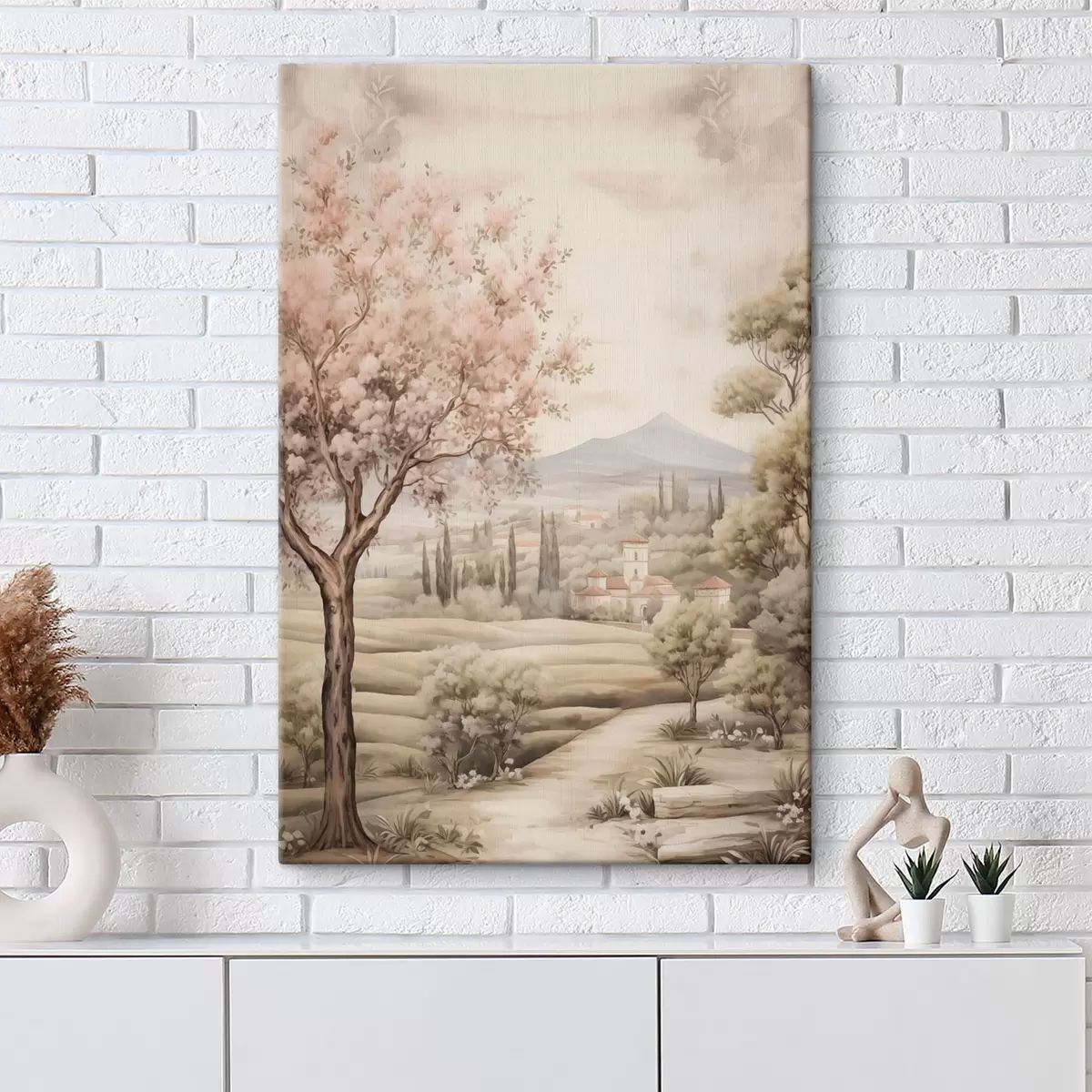 Glezna Akvarelis kalni, zied ķiršu koks, pils, lauku stils s41225