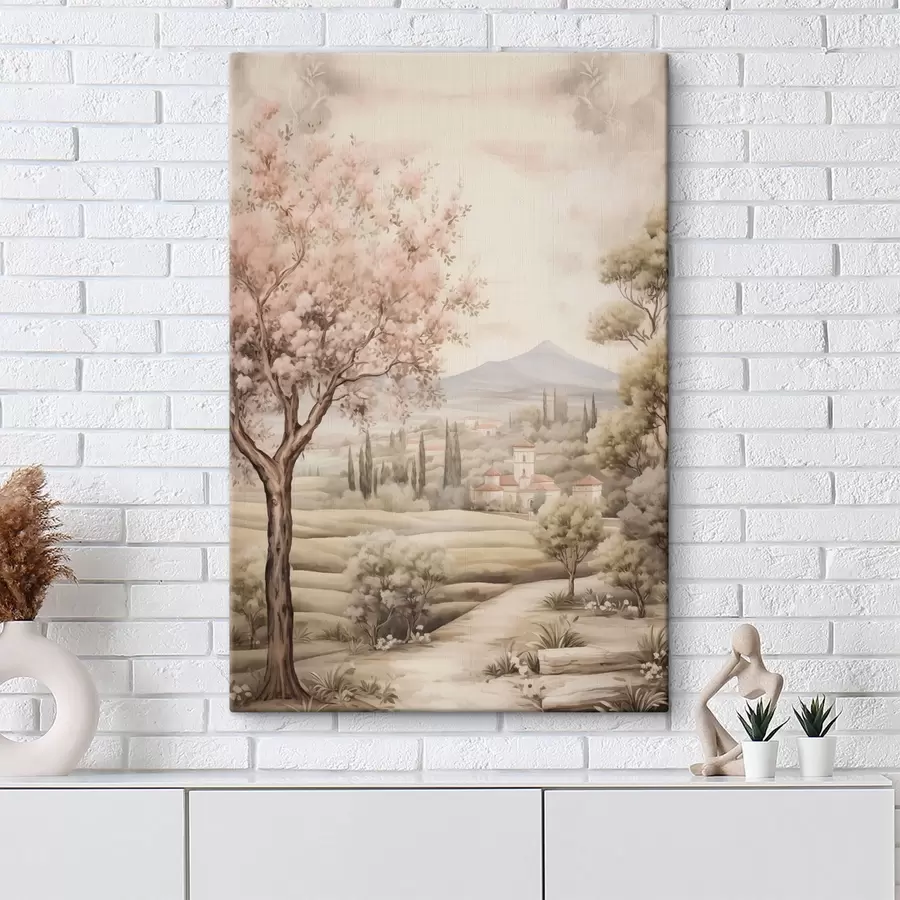 Glezna Akvarelis kalni, zied ķiršu koks, pils, lauku stils s41225